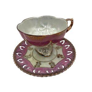 Vintage ENESC0 Pink & Gold Lusterware Teacup & Saucer Set Scalloped Edges